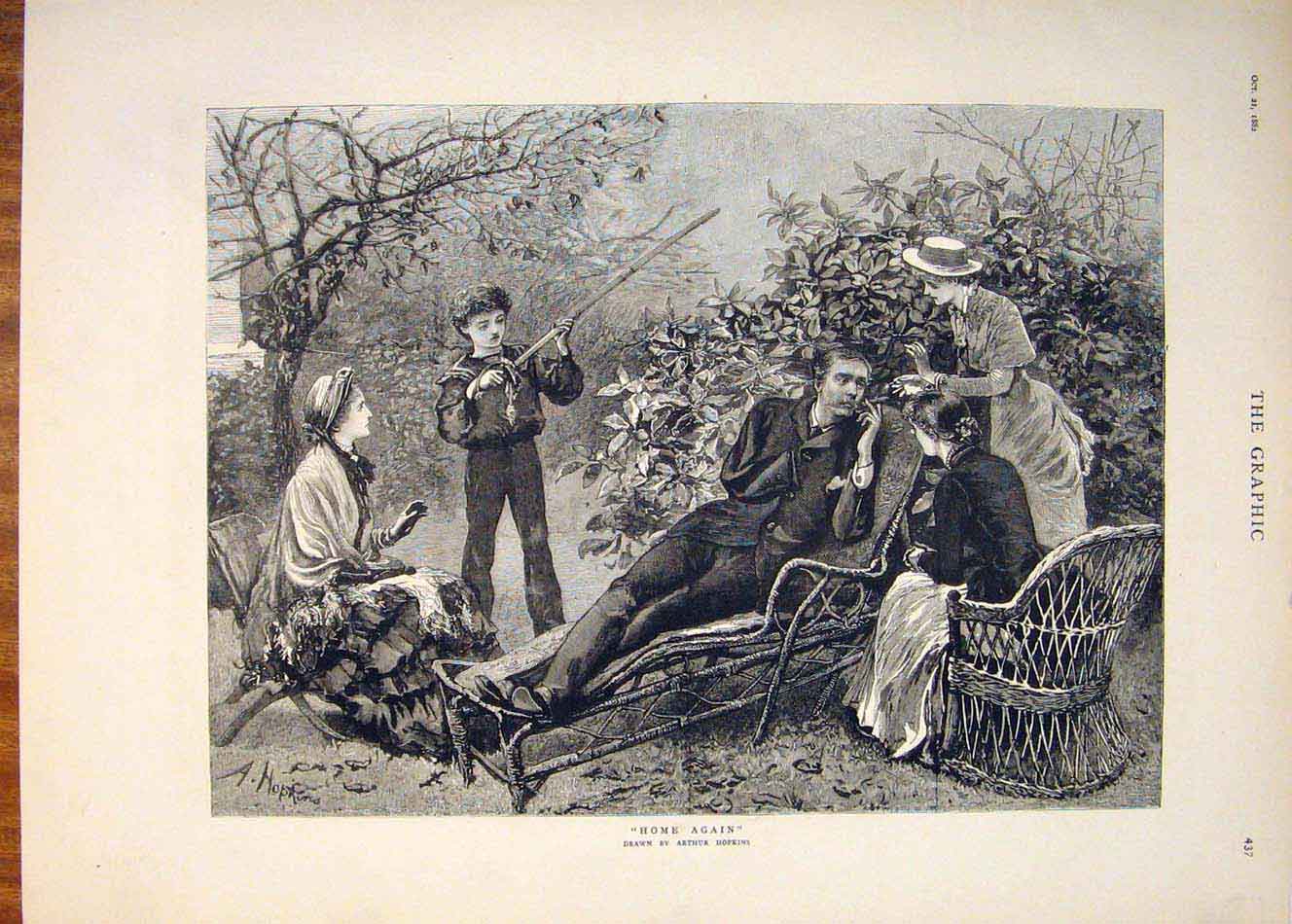 Old Antique Print Hopkins Garden Home Again Lady Man Child Children 1882 19th