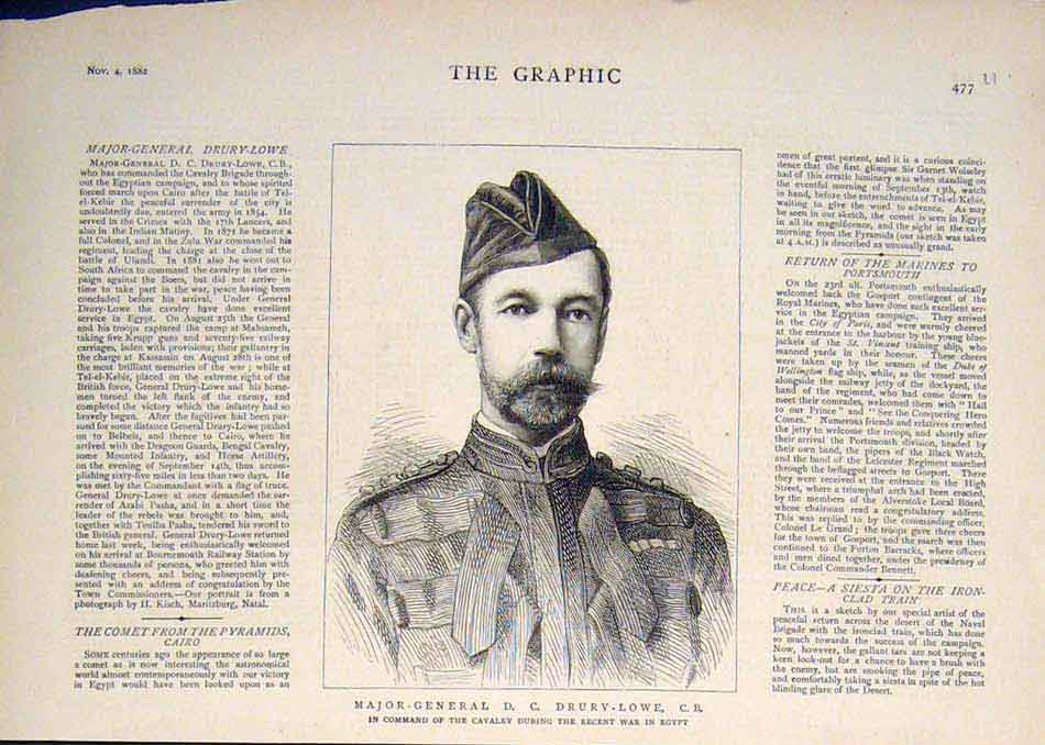 Original Old Antique Print Portrait Drury-Lowe Major-General Cavalry Egypt 1882