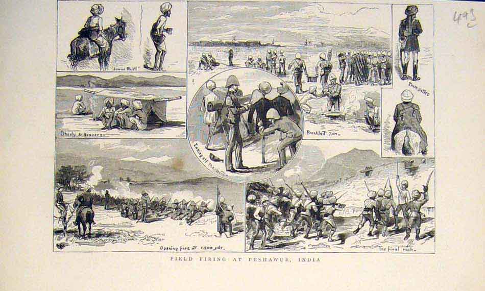 Original Old Antique Print India Peshawur Field Military Army Indian 1882 19th