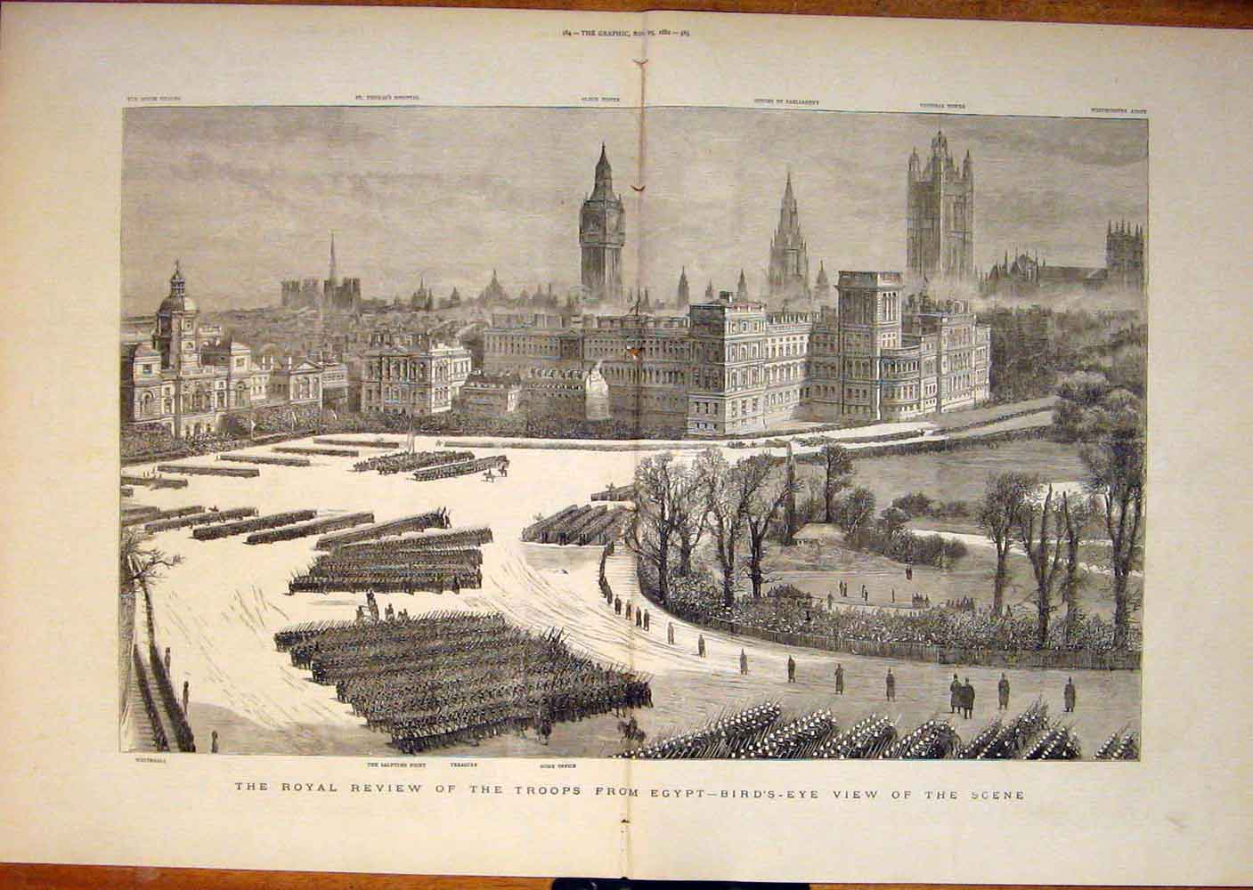 Original Old Antique Print Royal Review Troops Brids Eye View London Parliament