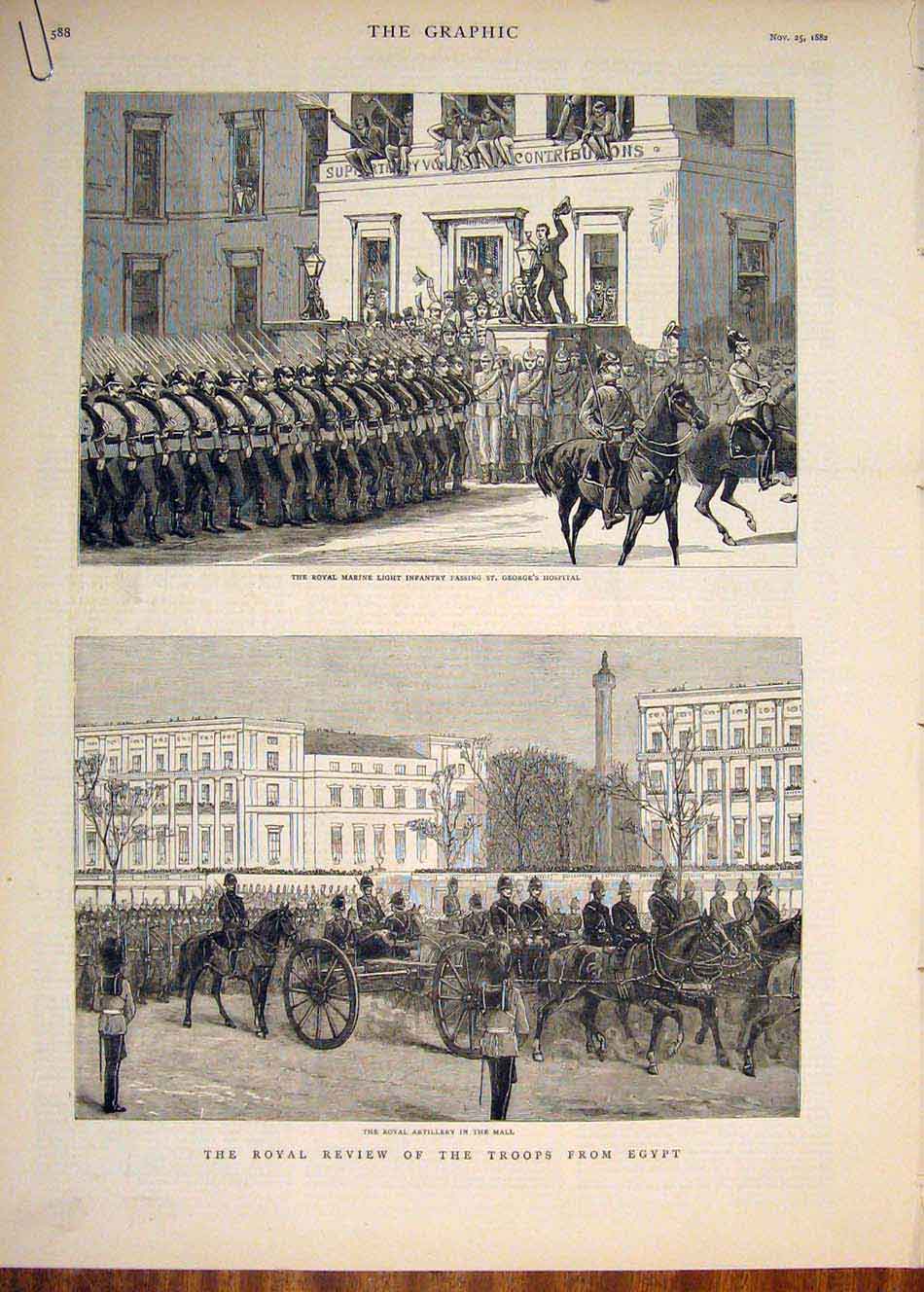 Original Old Antique Print Royal Review Troops Egypt Hospital Wellington London