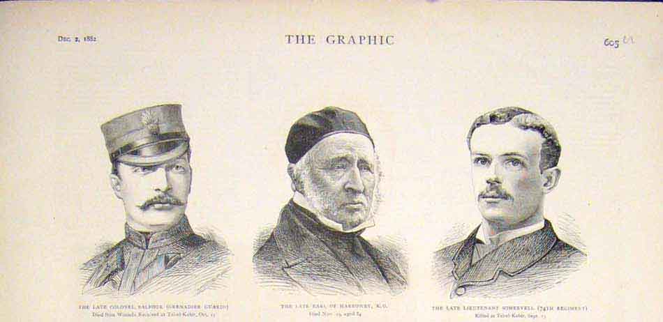 Original Old Antique Print Portrait Balfour Harrowby Somervell Tel-El-Kebir War