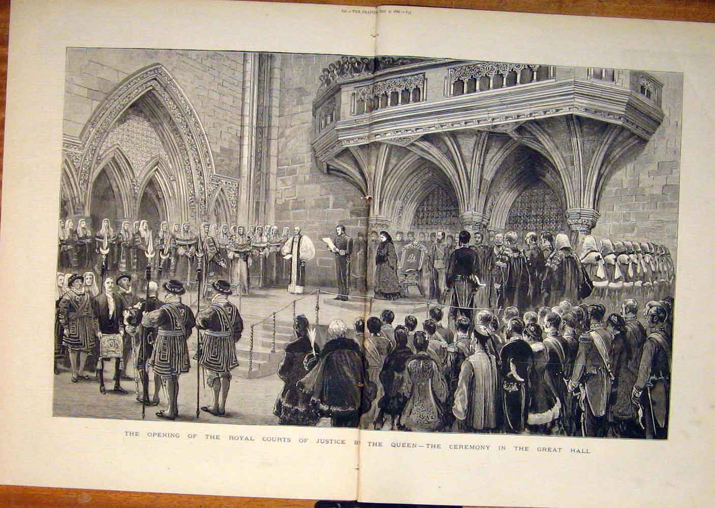 Original Old Antique Print Royal Court Queen Ceremony Great Hall London 1882