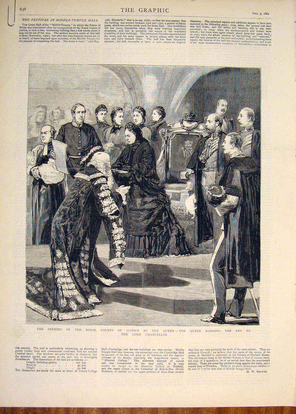 Original Old Antique Print Royal Courts Chancellor Queen London Judges 1882