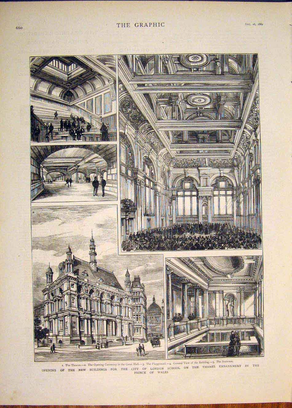 Original Old Antique Print London Schoolthames Prince Wales Theatre 1882 19th
