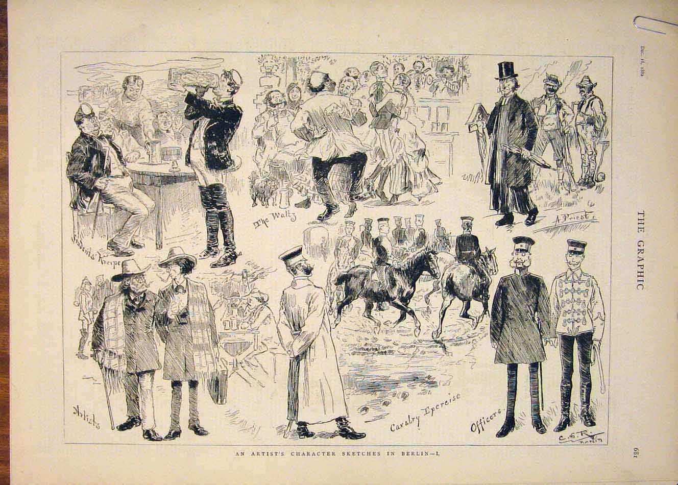 Original Old Antique Print Artist Character Sketch Berlin Cavalry Germany 1882