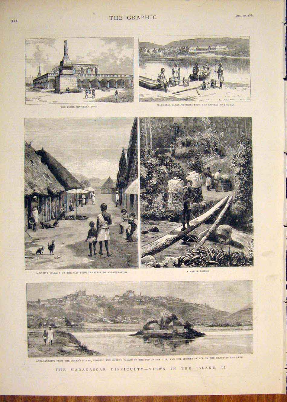Original Old Antique Print Madagascar Africa Island Native Bridge 1882 Victorian