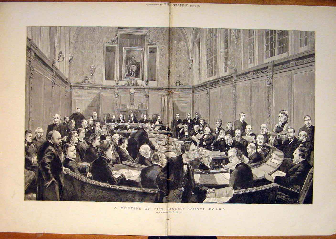 Original Old Antique Print London School Board Meeting 1882 19th