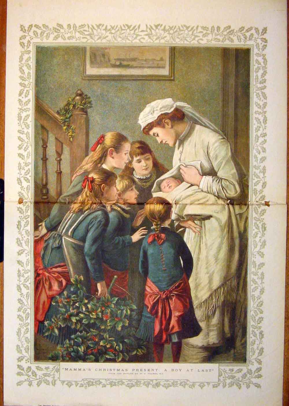 Old Antique Print Christmas Boy Baby Child Children Present Yeames 1882 19th