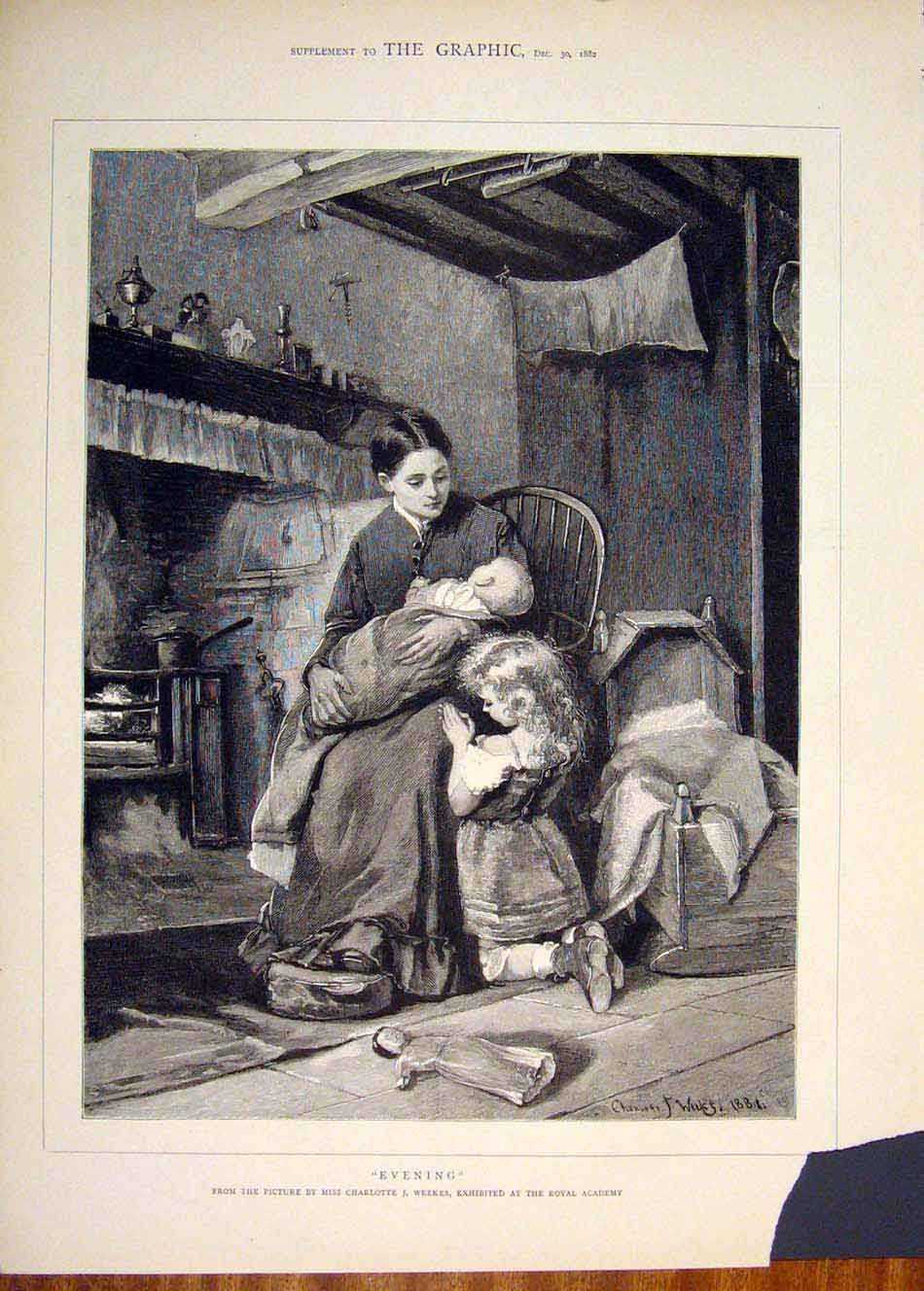 Original Old Antique Print Lady Baby Child Weekes Fine Art 1882 19th