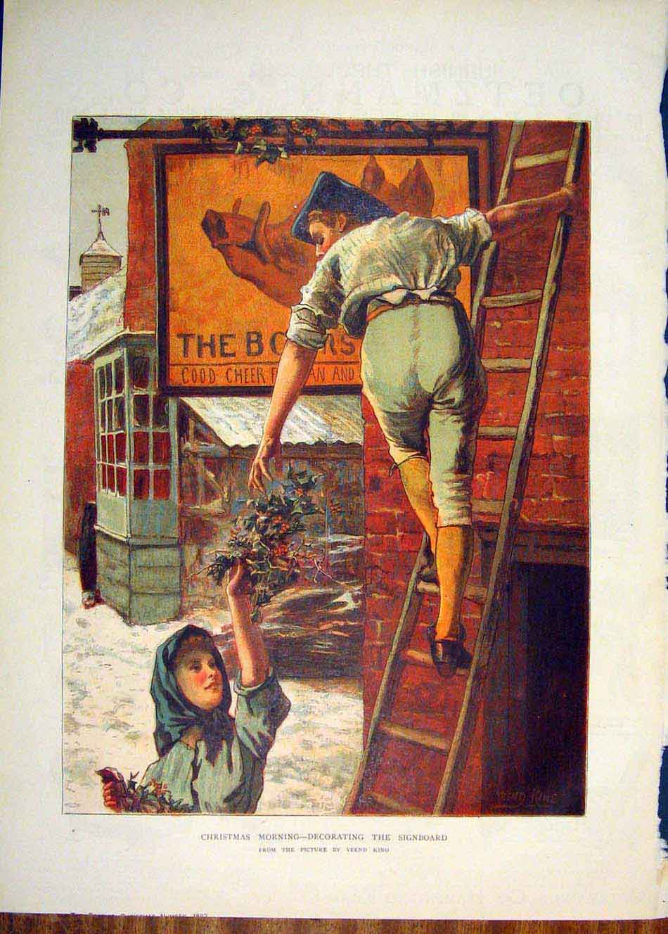 Old Antique Print Christmas Winter Holly King Sign Boy Lady Fine Art 1882 19th