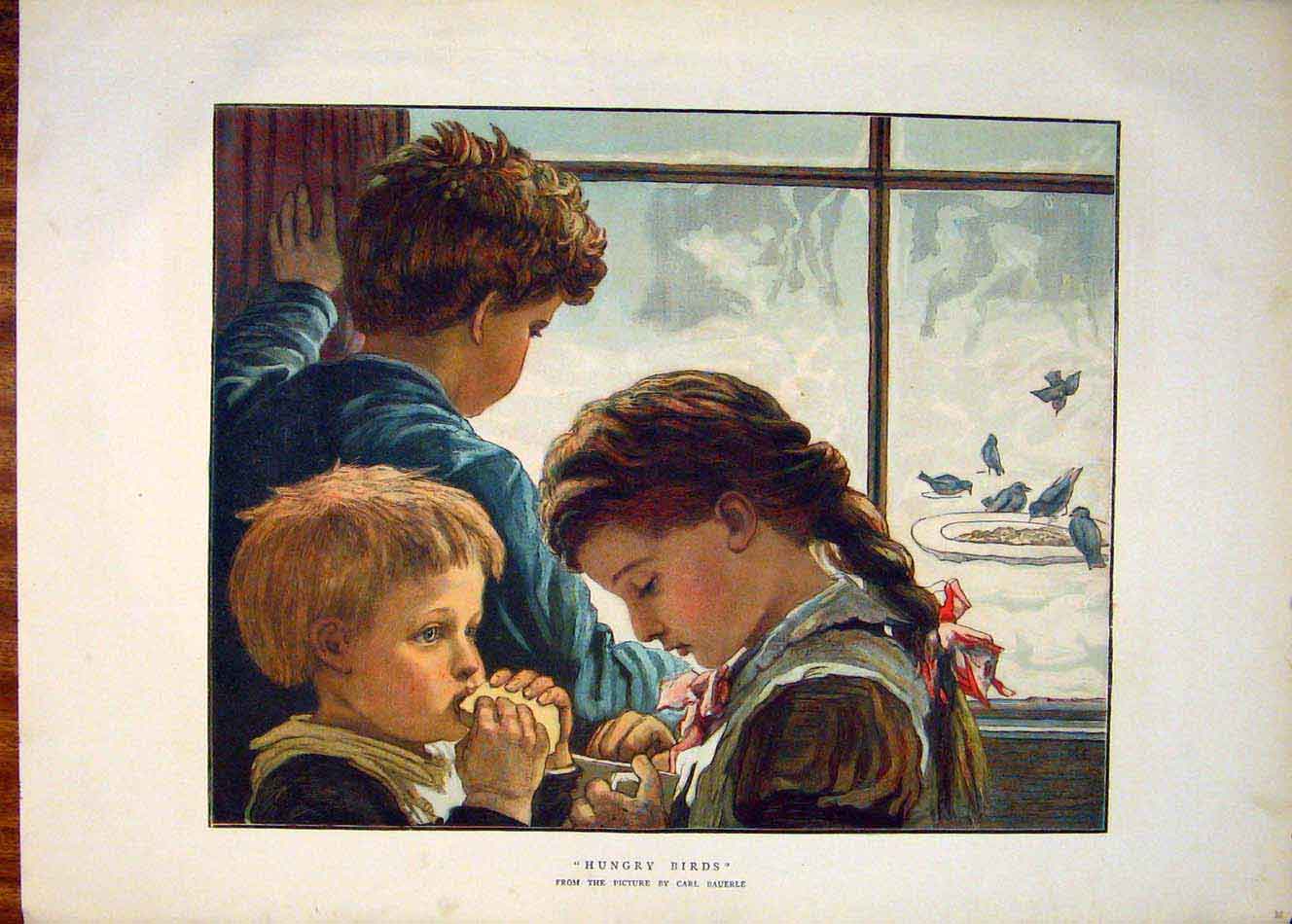 Original Old Antique Print Hungry Birds Bird Children Child Winter Bauerle Art