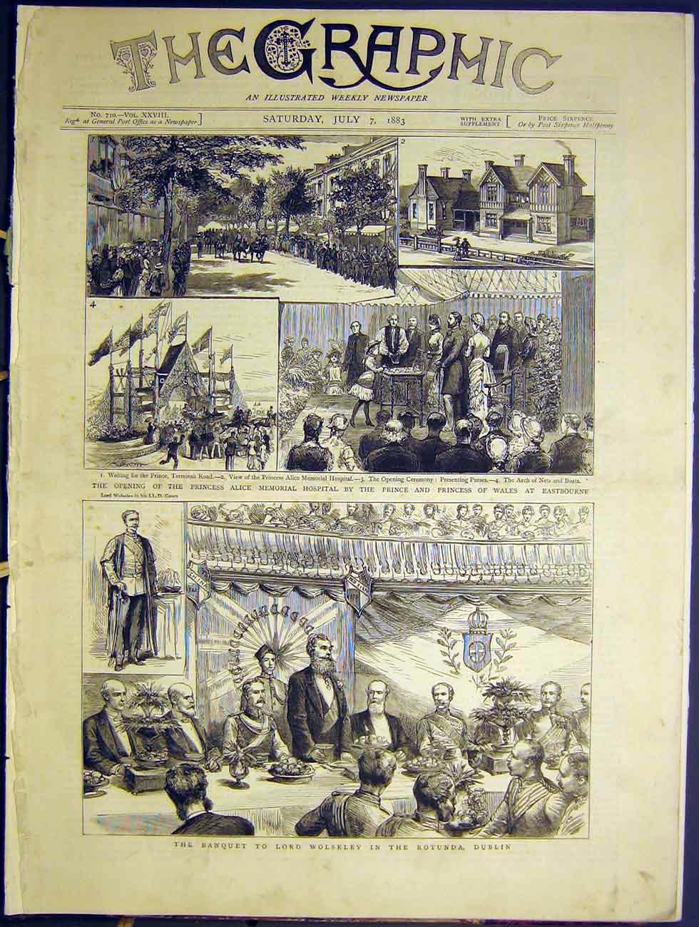 Original Old Antique Print Banquet Lord Wolseley Rotunda Dublin Ireland1883 19th