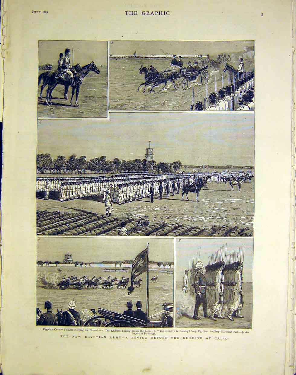 Original Old Antique Print Egyptian Army Review Khedive Cairo Egypt Africa 1883