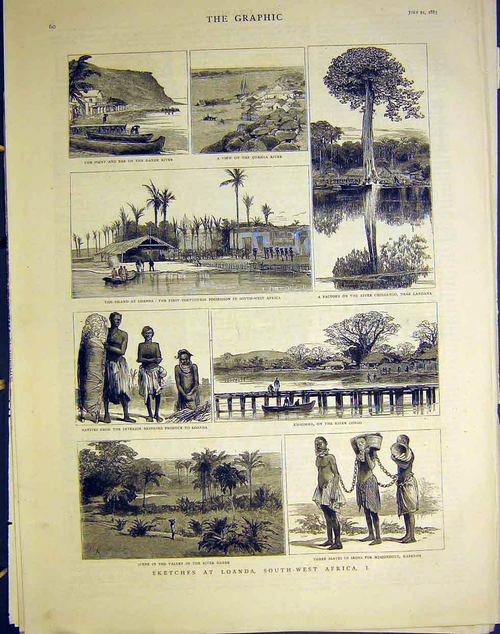 Original Old Antique Print Sketches Loanda South-West Africa Dande River 1883