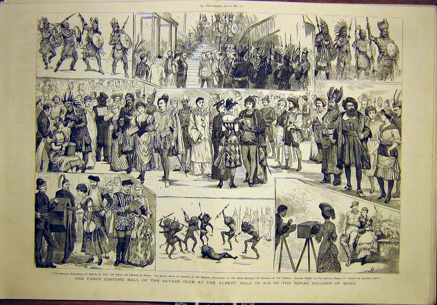 Original Old Antique Print Fancy Costume Ball Savage Albert College Music 1883
