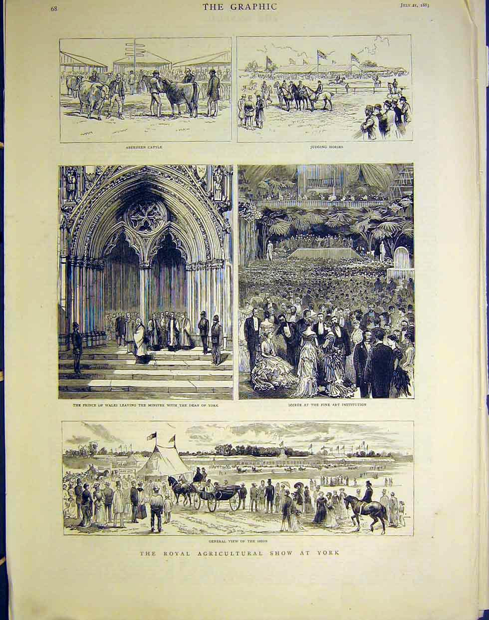 Original Old Antique Print Royal Agricultural Show York Cattle Horses 1883 19th