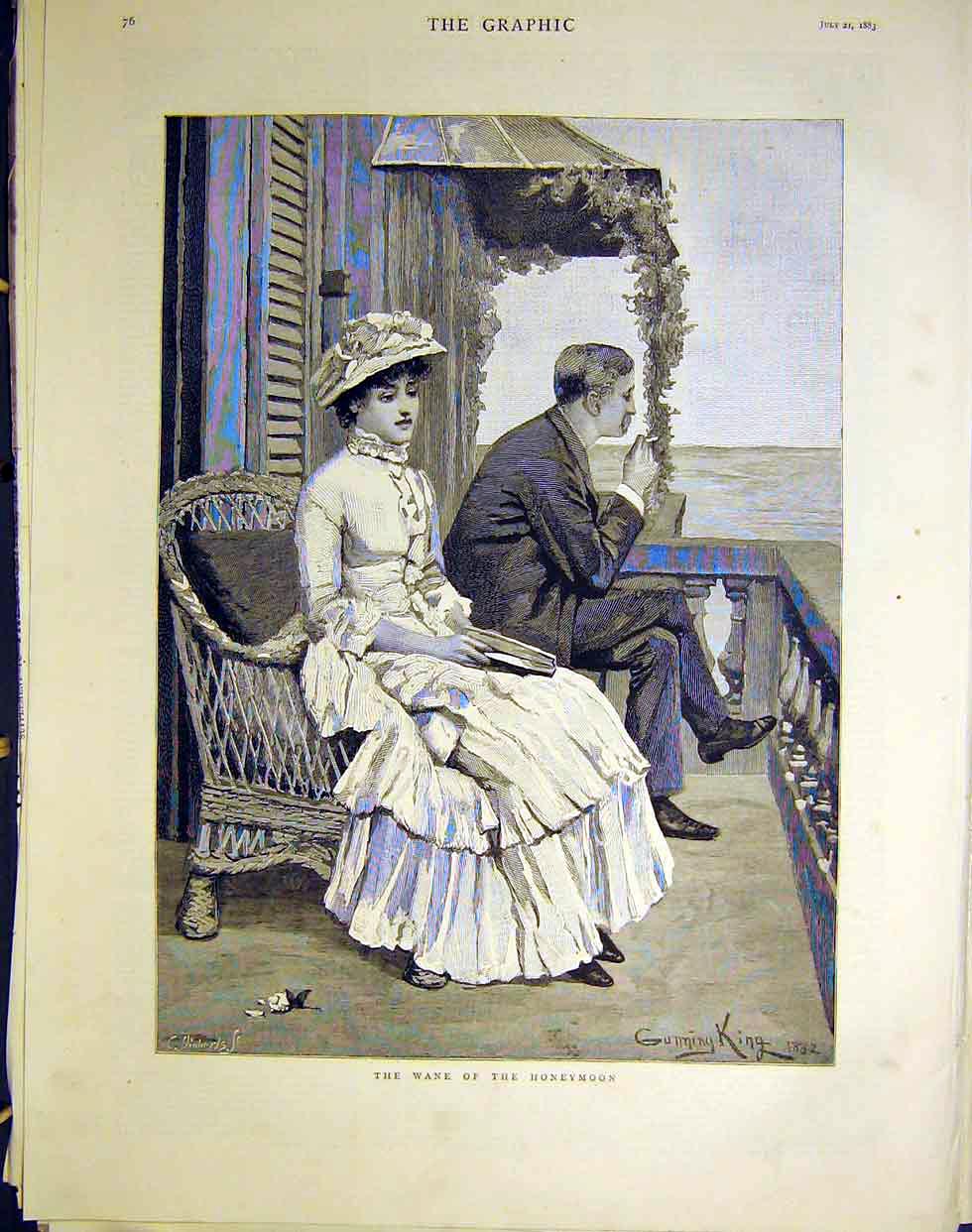 Original Old Antique Print Wane Honeymoon Couple Lady Man Gunning King 1883 19th