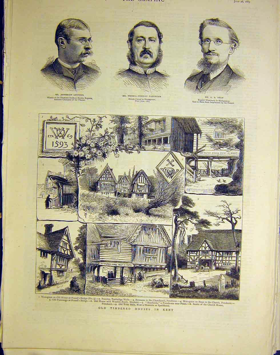 Original Old Antique Print Portrait Lowndes Pakenham Shaw Timber House Kent 1883
