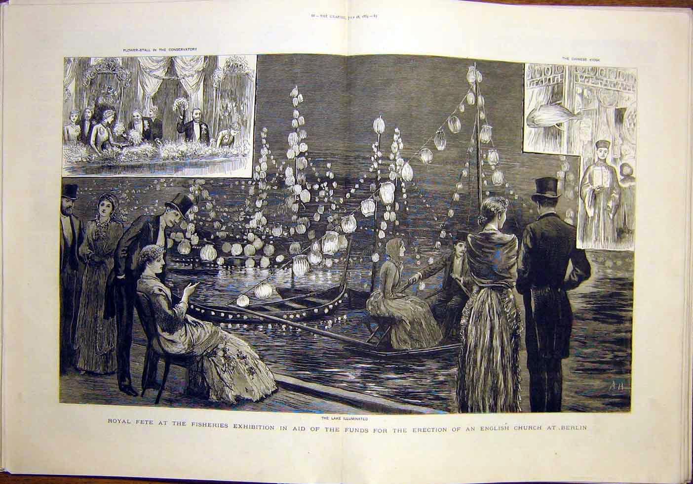 Old Antique Print Royal Fete Fisheries Exhibition Lake Church Berlin 1883 19th