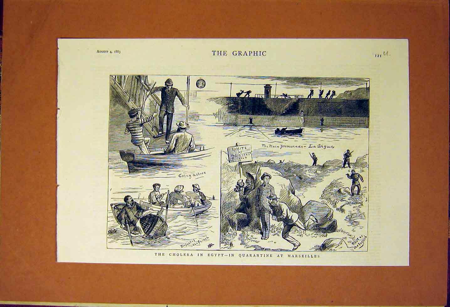 Original Old Antique Print Cholera Egypt Quarantine Marseilles Sketches 1883