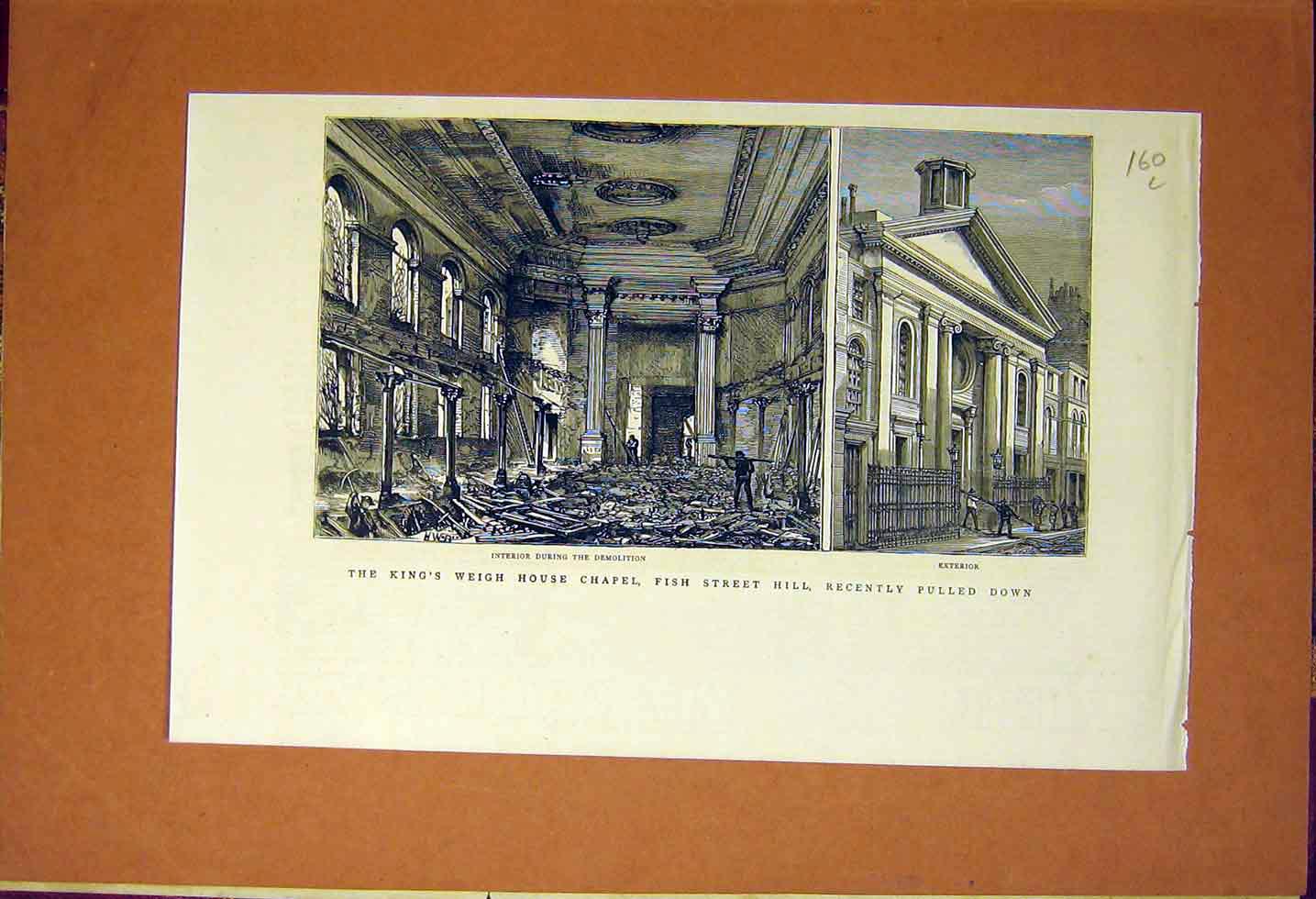 Original Old Antique Print King'S Weigh House Chapel Fish Street Building 1883