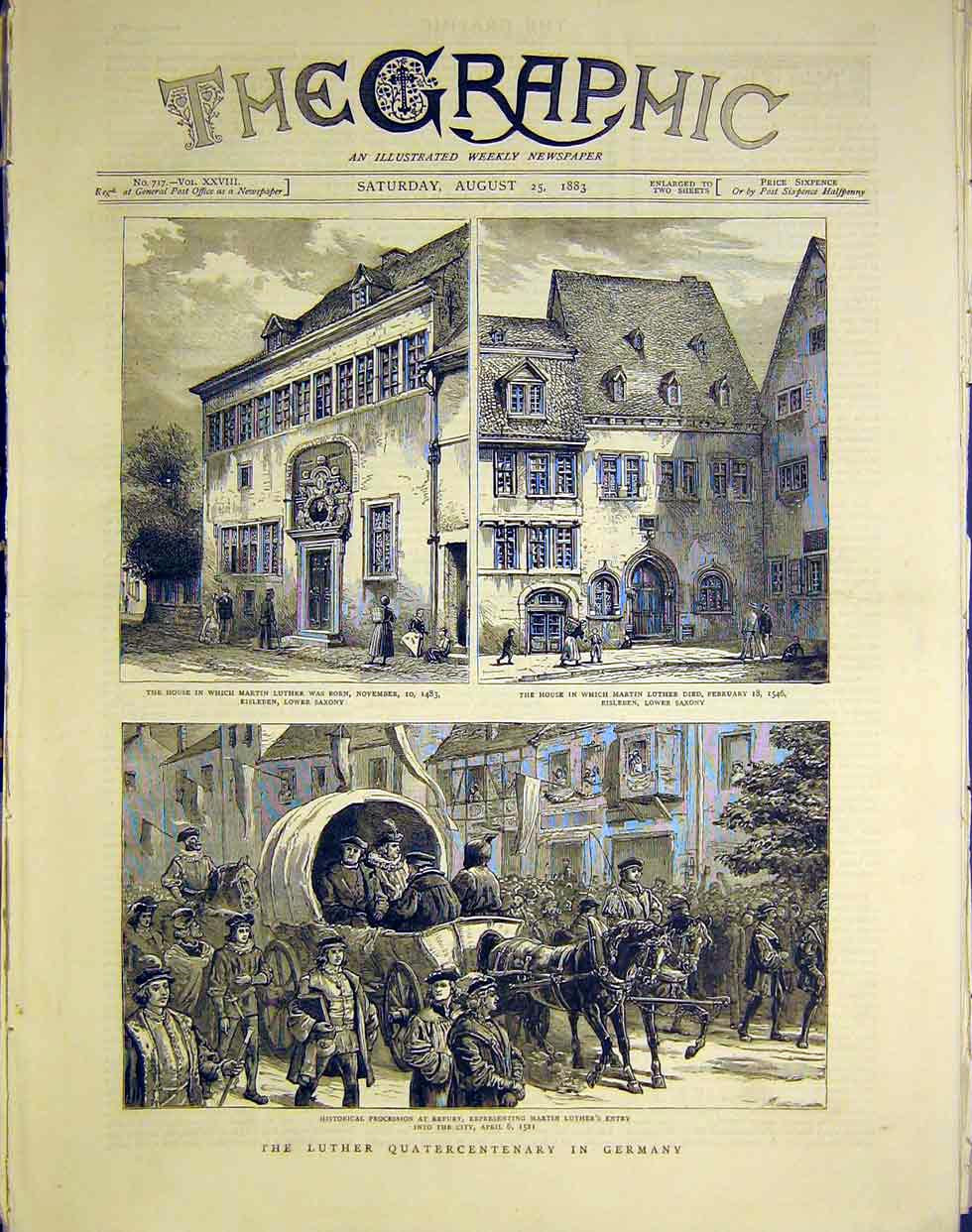 Original Old Antique Print Luther Germany Saxony Eisleben Procession Erfurt 1883