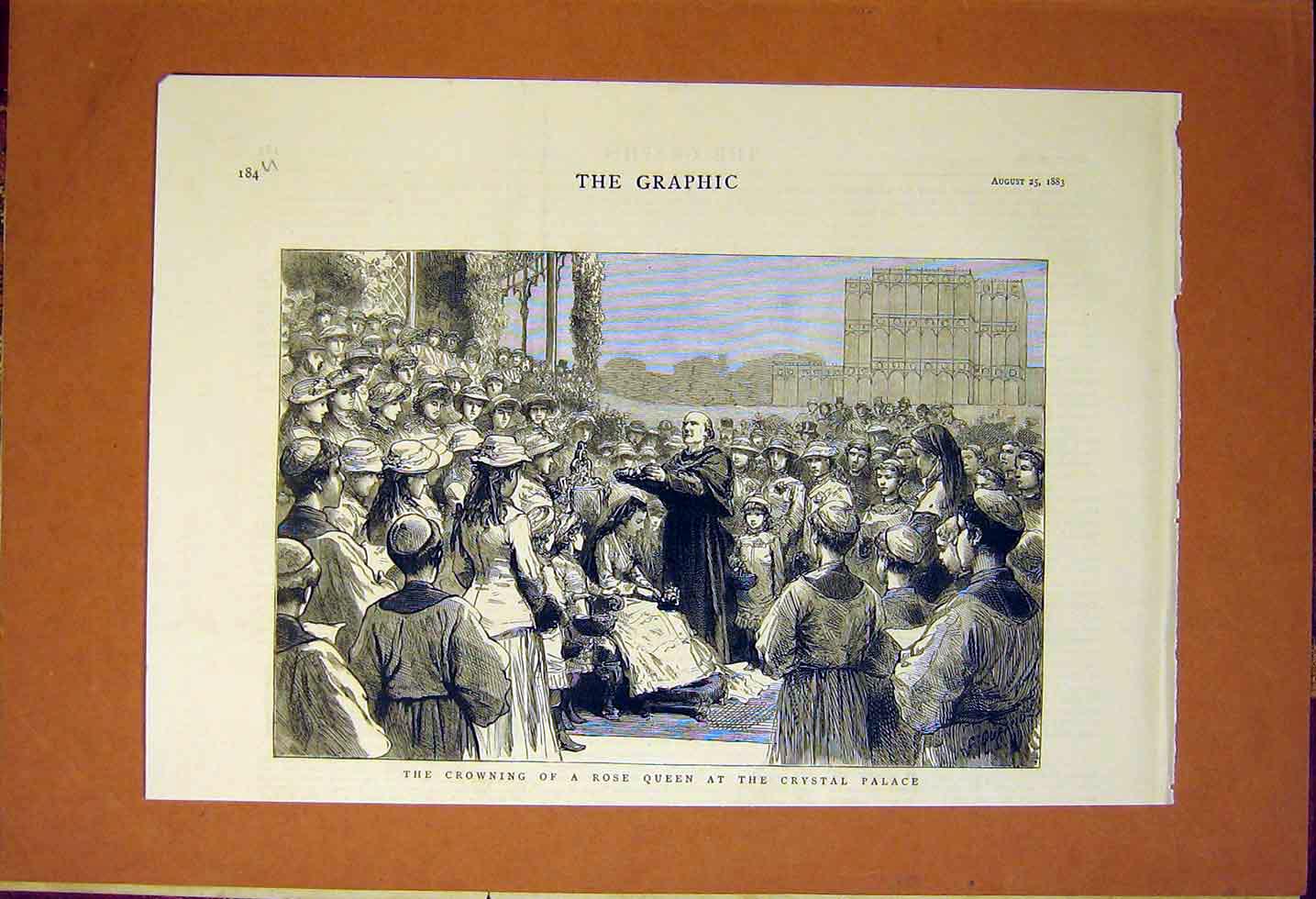 Original Old Antique Print Rose Queen Crowning Crystal Palace 1883 Victorian