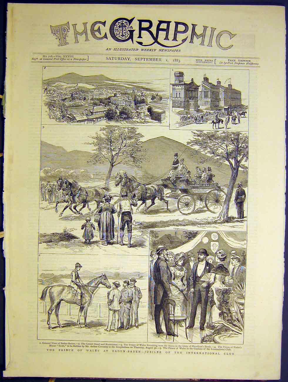 Original Old Antique Print Prince Wales Baden-Baden International Club 1883 19th