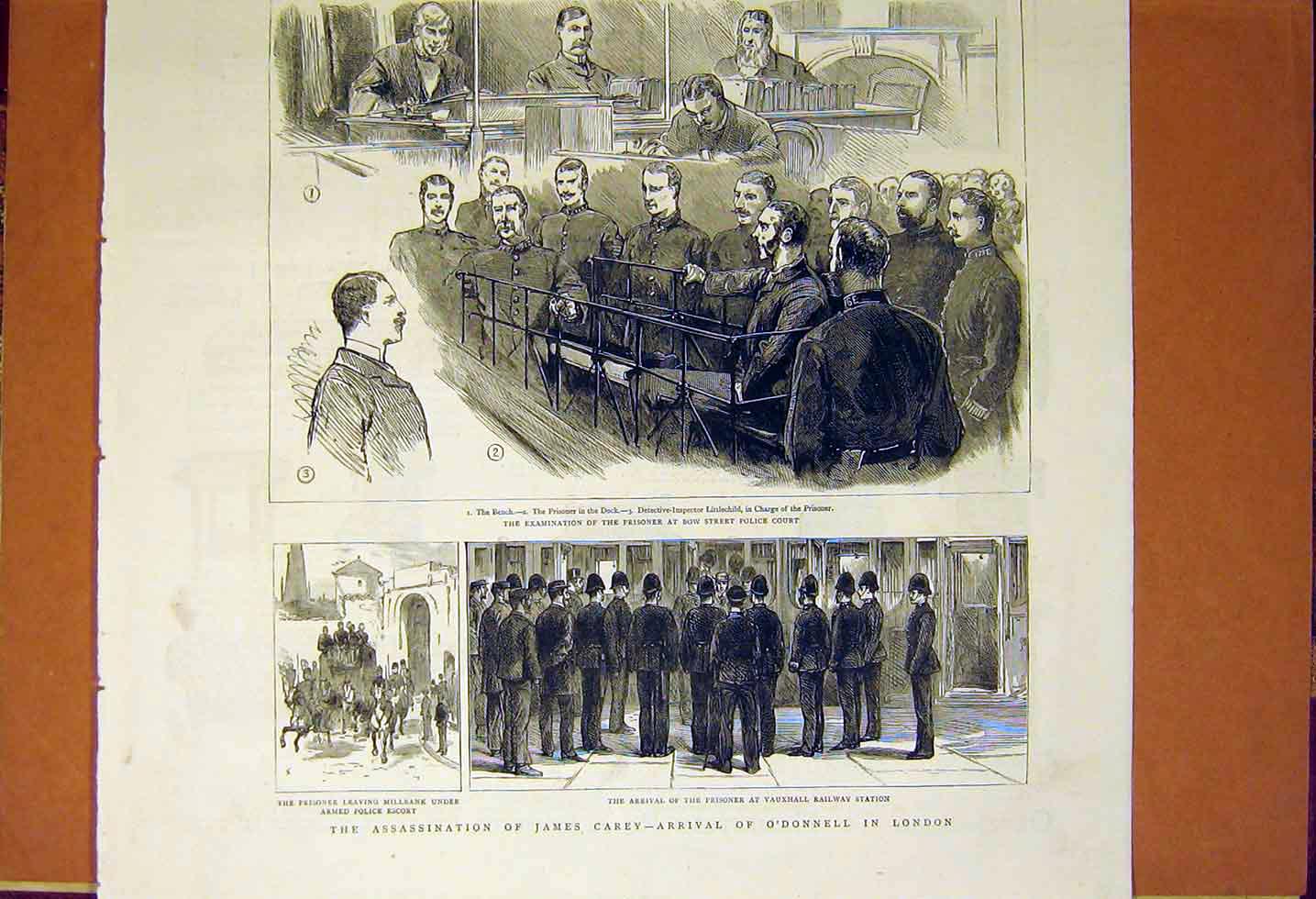 Original Old Antique Print Assasinatin Carey O'Donnell London Police Court 1883