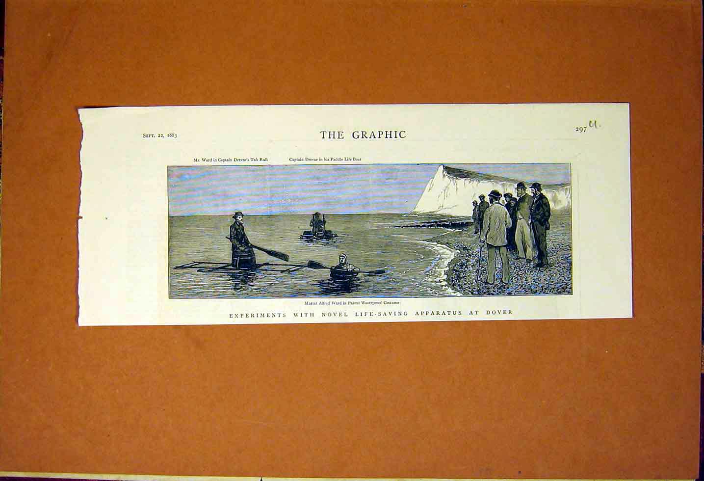 Original Old Antique Print Experiment Life-Saving Apparatus Dover Waterpro1883