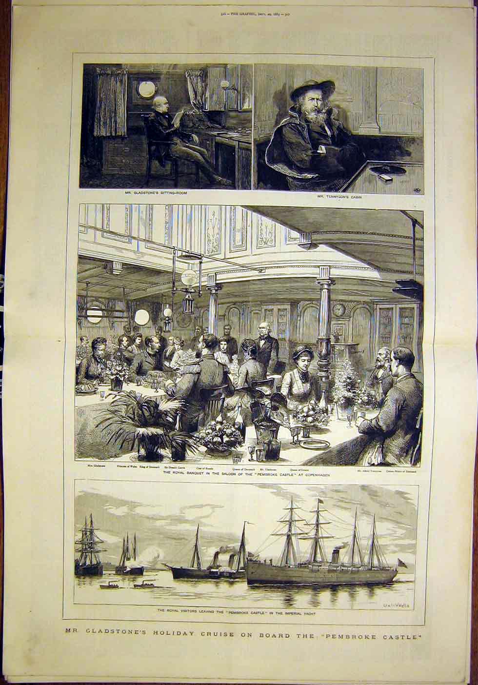 Original Old Antique Print Gladstone Cruise Pembroke Castle Royal Banquet 1883