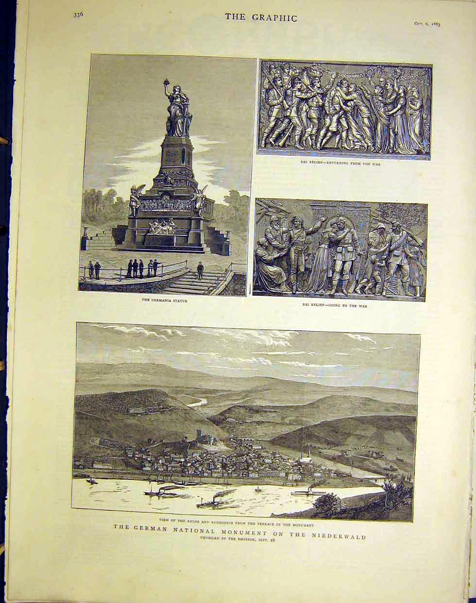 Original Old Antique Print German National Monument Niederwald Rhine Statue 1883