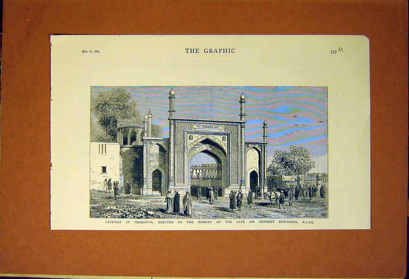 Original Old Antique Print Gateway Peshawur Memorial Edwardes 1883 Victorian