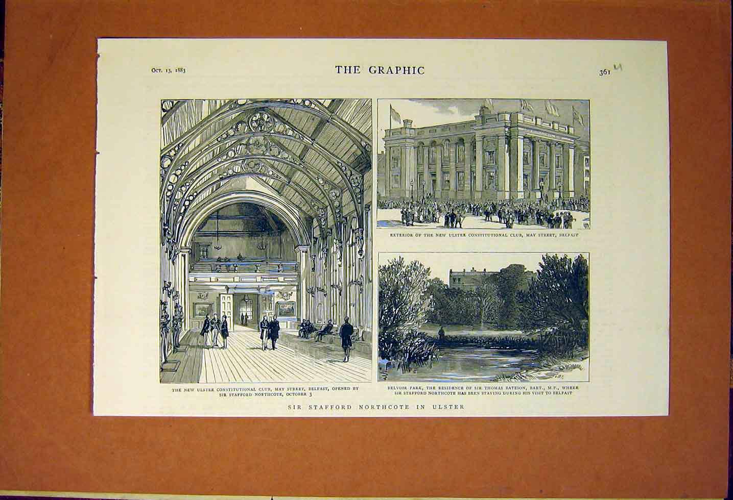 Original Old Antique Print Northcote Ulster Ireland Belfast Belvoir Park 1883