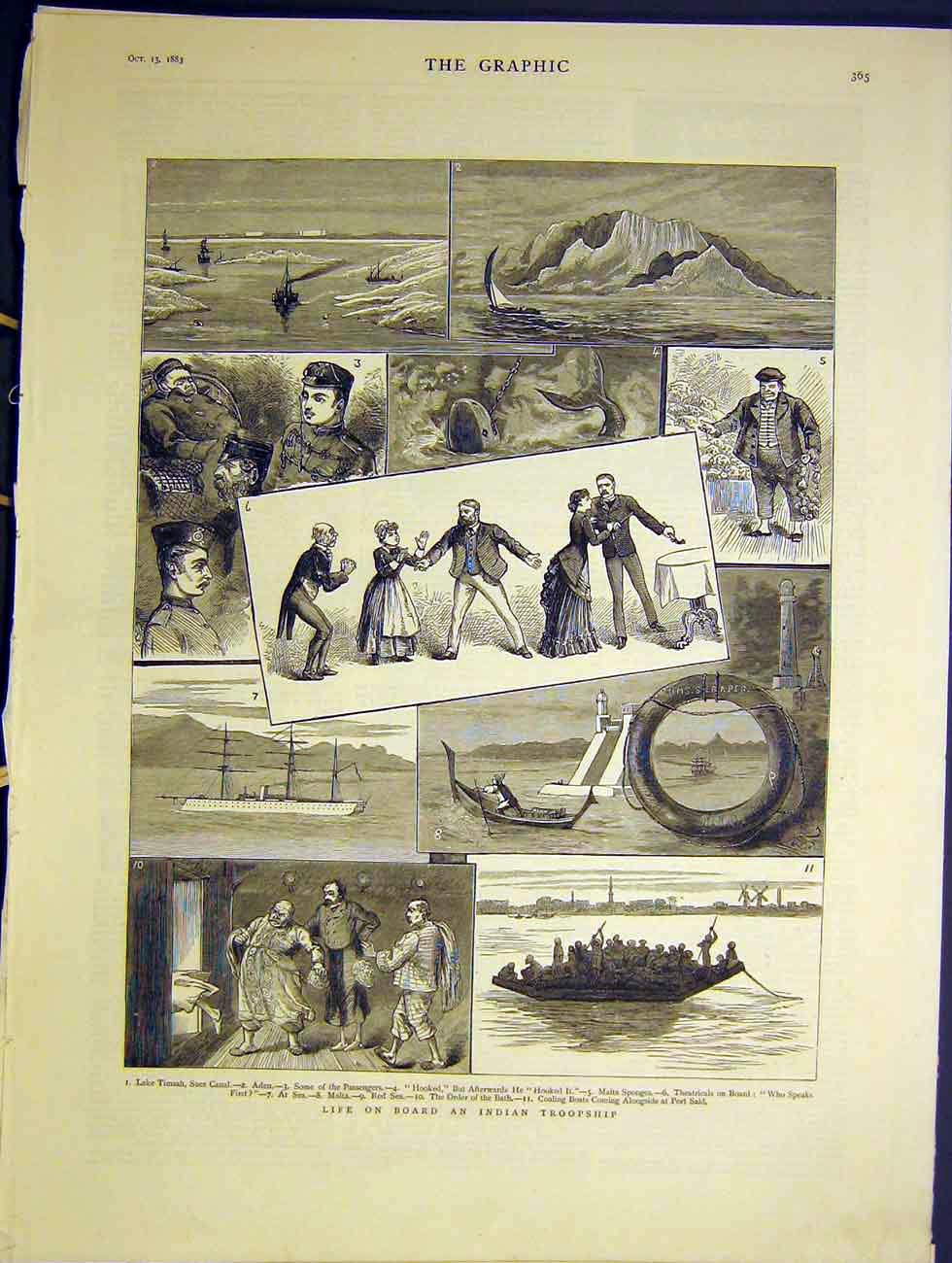 Original Old Antique Print Indian Troopship Life Suez Canal Said Malta 1883 19th