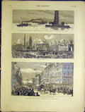 Old Antique Print Glasgow Municiple Building Scotland Grain Elevator 1883 19th