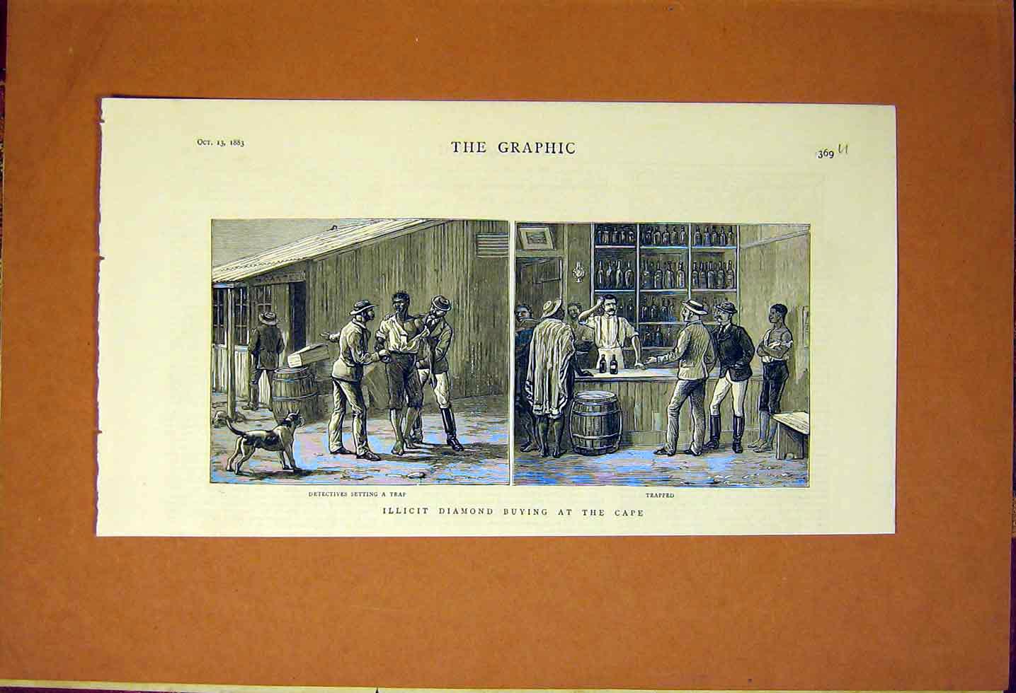 Old Antique Print Illicit Diamond Buying Cape Africa Trap Detectives 1883 19th