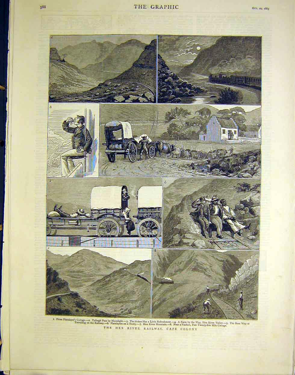 Original Old Antique Print Hex River Railway Cape Colony Africa Platelayer 1883