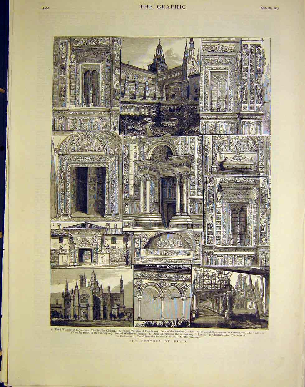 Original Old Antique Print Certosa Pavia Window Fa∆?Ade Cloister 1883 Victorian
