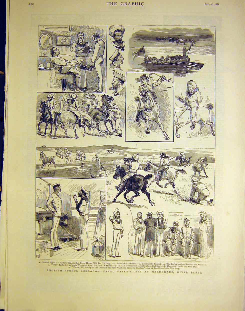 Original Old Antique Print English Sports Naval Paper-Chase Maldonado River 1883