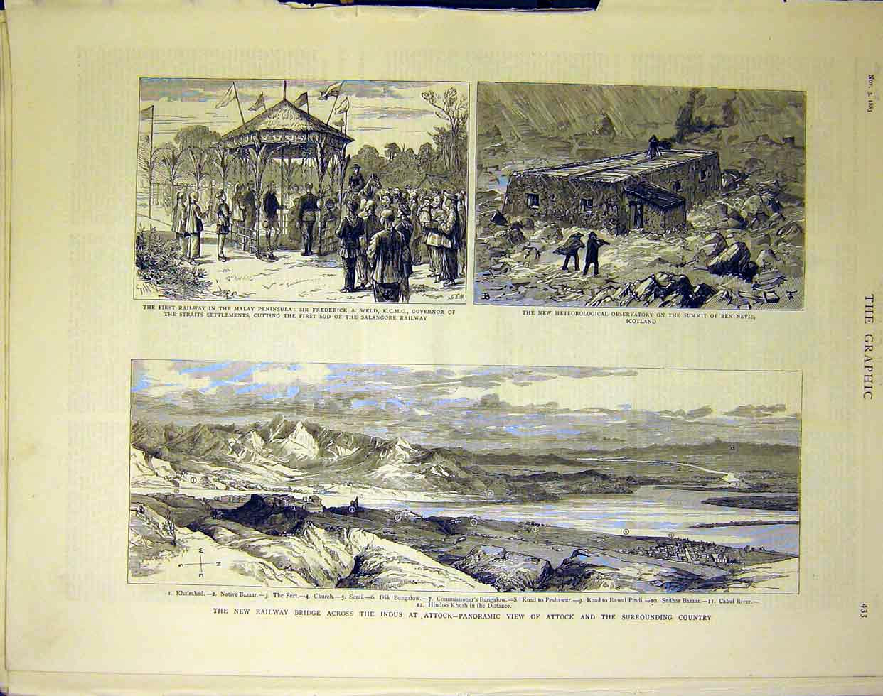 Original Old Antique Print Railway Bridge Indus Attock Panoramic 1883 Victorian
