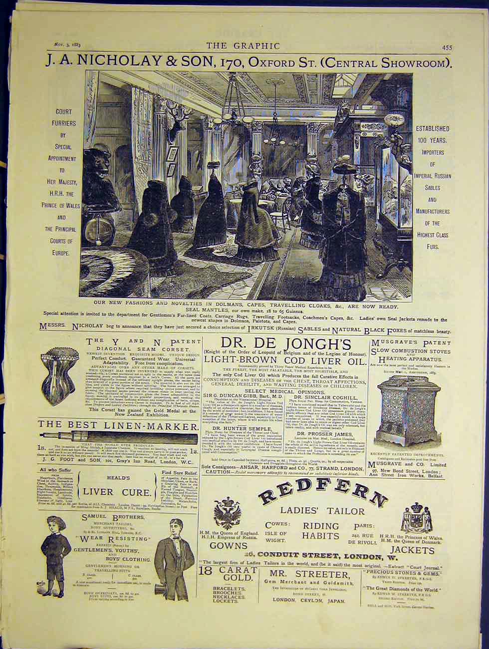 Old Antique Print Nicholay Fashions Novelties Advert London De Jongh 1883 19th