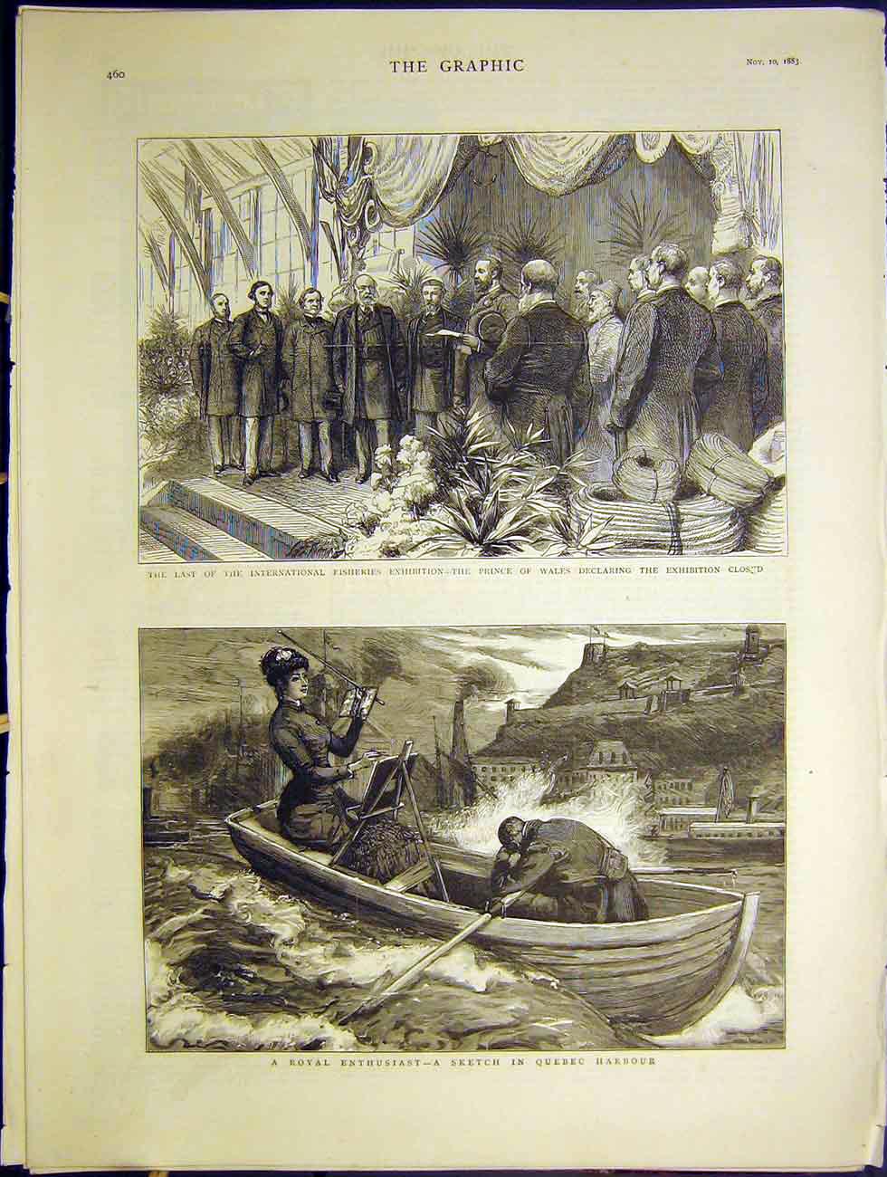 Old Antique Print International Fishery Exhibition Sketch Quebec Harbour