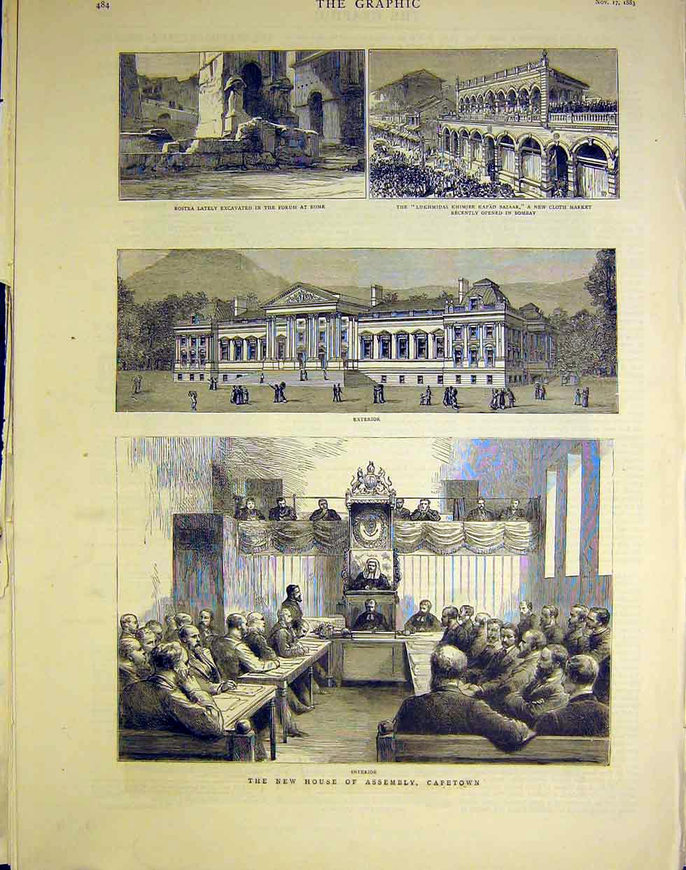 Old Antique Print House Assembly Capetown Wafrica Forum Rome Bombay 1883 19th