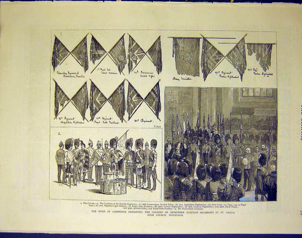 Original Old Antique Print Duke Cambridge Scottish Regiments Edinburgh 1883 19th
