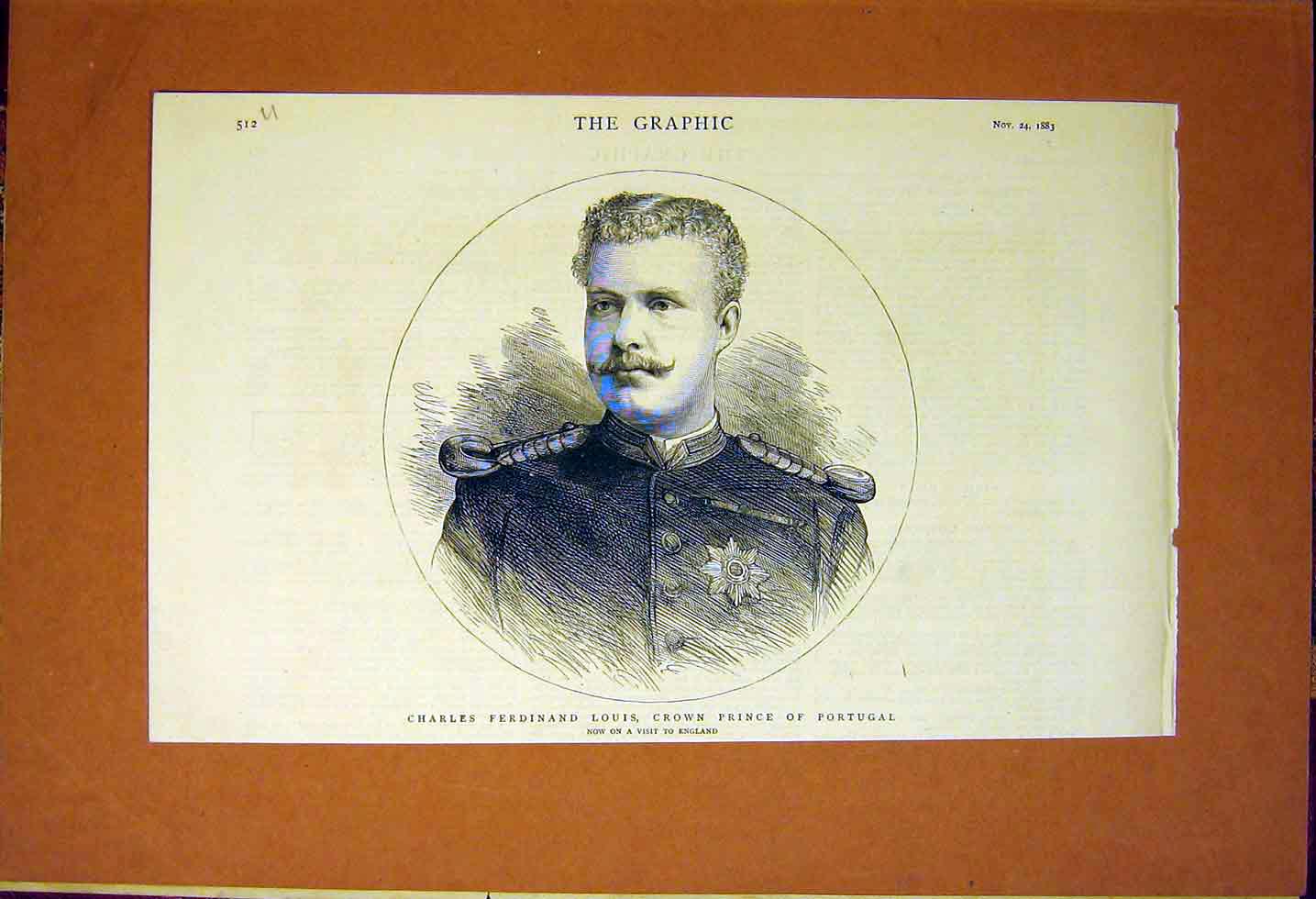 Original Old Antique Print Portrait Louis Crown Prince Portugal 1883 Victorian