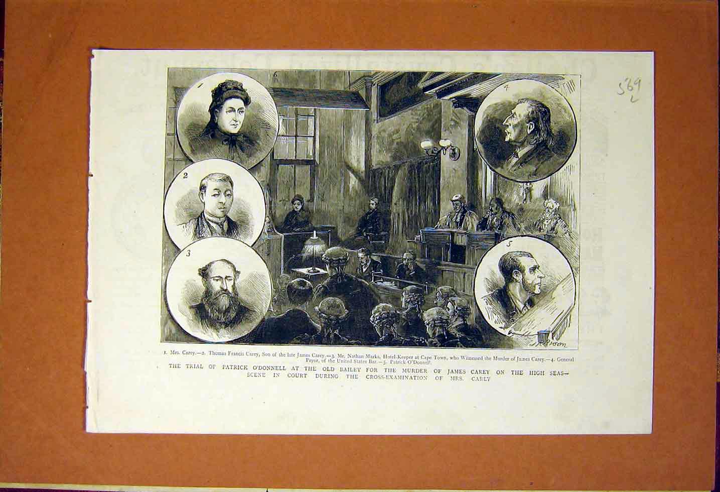 Original Old Antique Print Trial O'Donnell Carey Bailey Court Portrait 1883