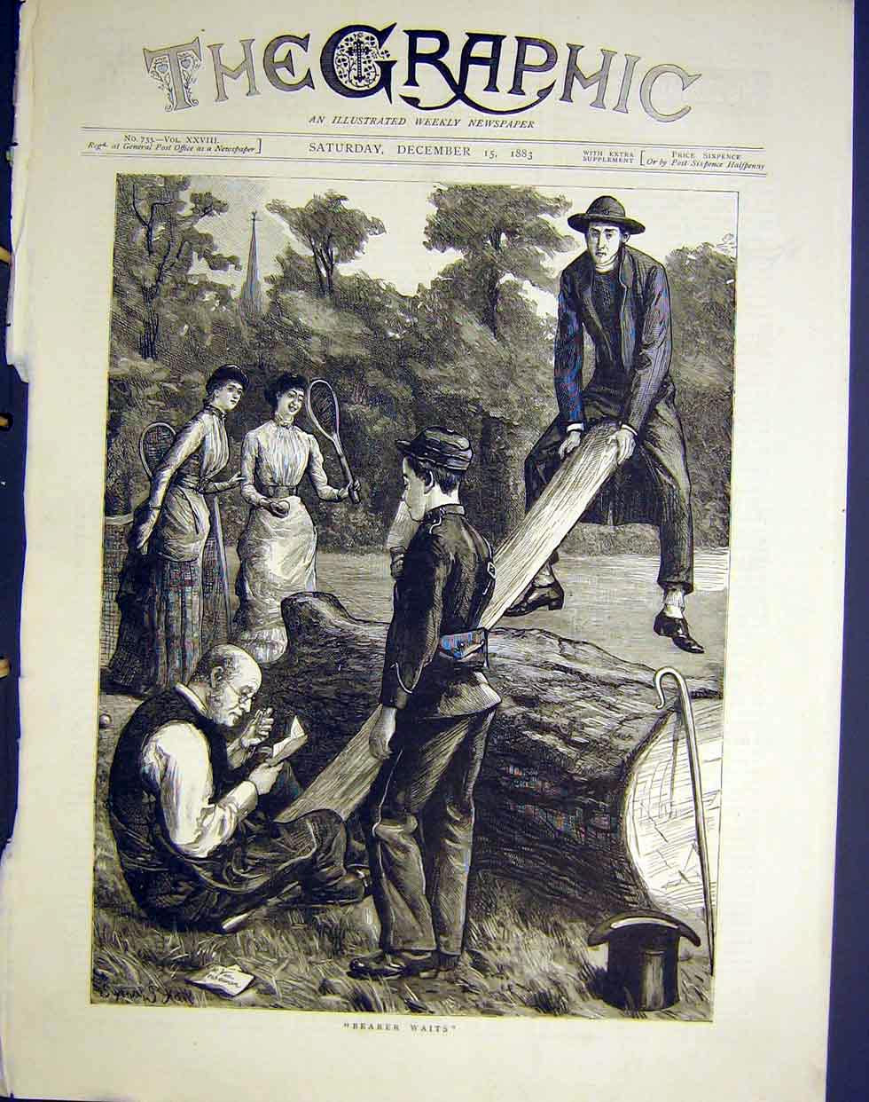 Original Old Antique Print Bearer Waits Message Ladies Tennis See-Saw Hall 1883