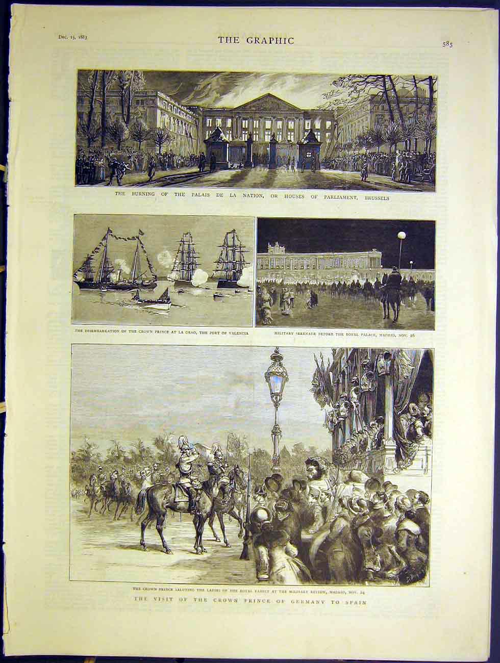 Original Old Antique Print Prince Germany Spain Brussels Parliament Houses 1883